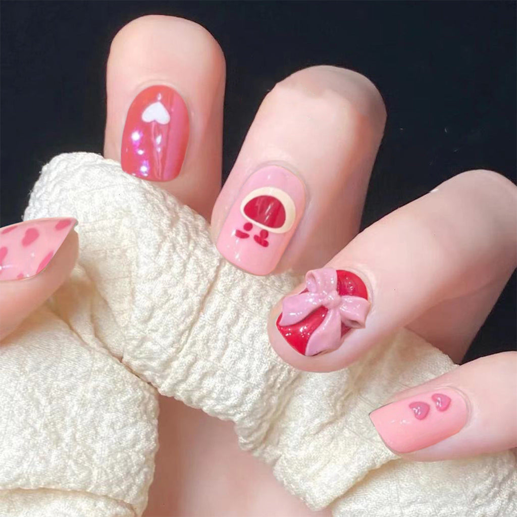 Peach Bear Bow heart press-on nails