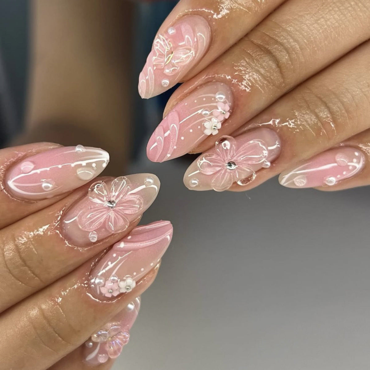 Blush Blossom Almond 3D short press-on nails