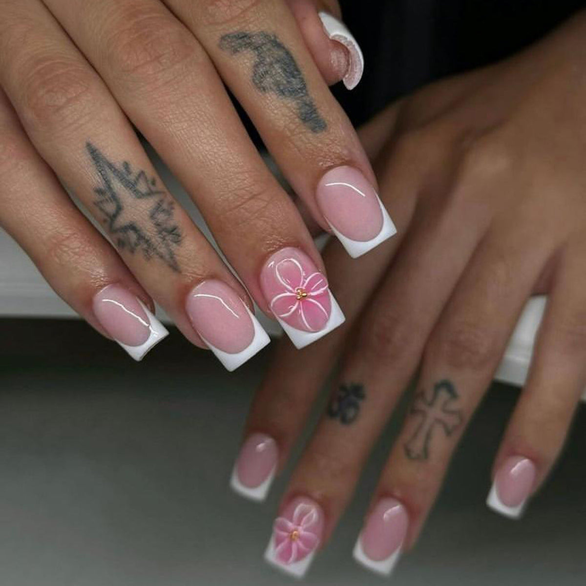 Blush 3D Blossom French short square press-on nails