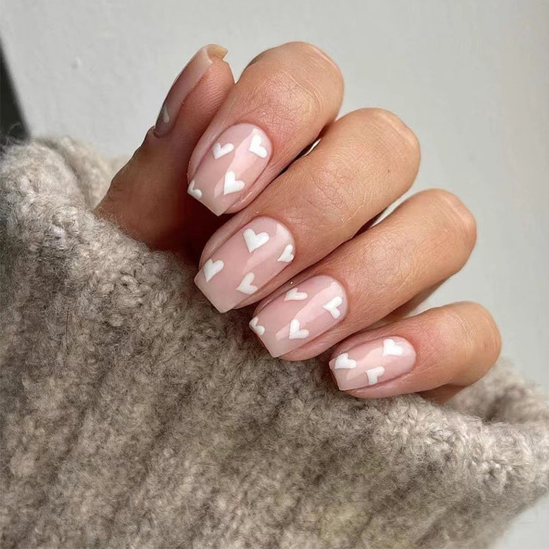 Nude Sweetheart white heart press-on nails