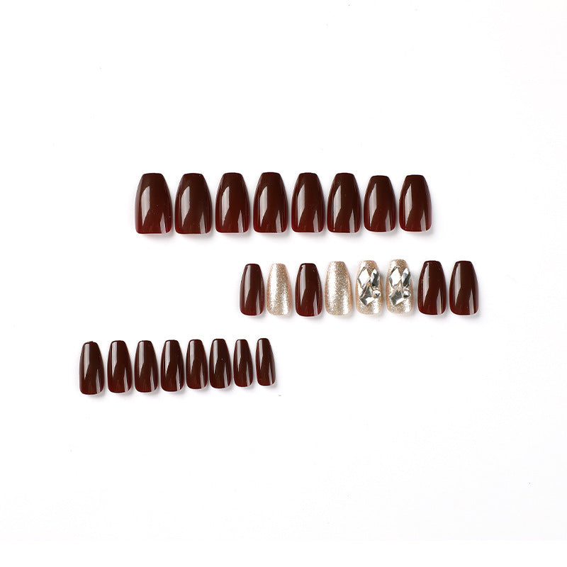Burgundy Gold Sparkle rhinestone press-on nails