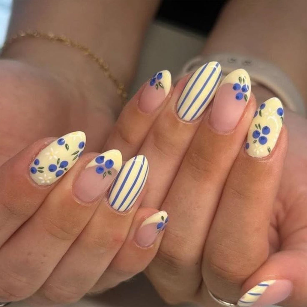 Blueberry Blossom French oval press-on nails