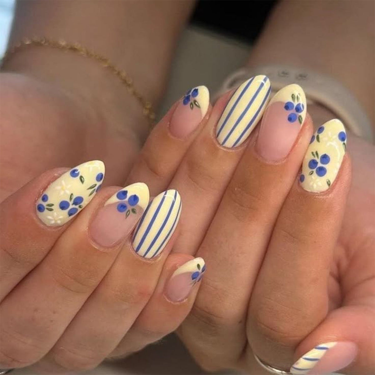 Blueberry Blossom French oval press-on nails