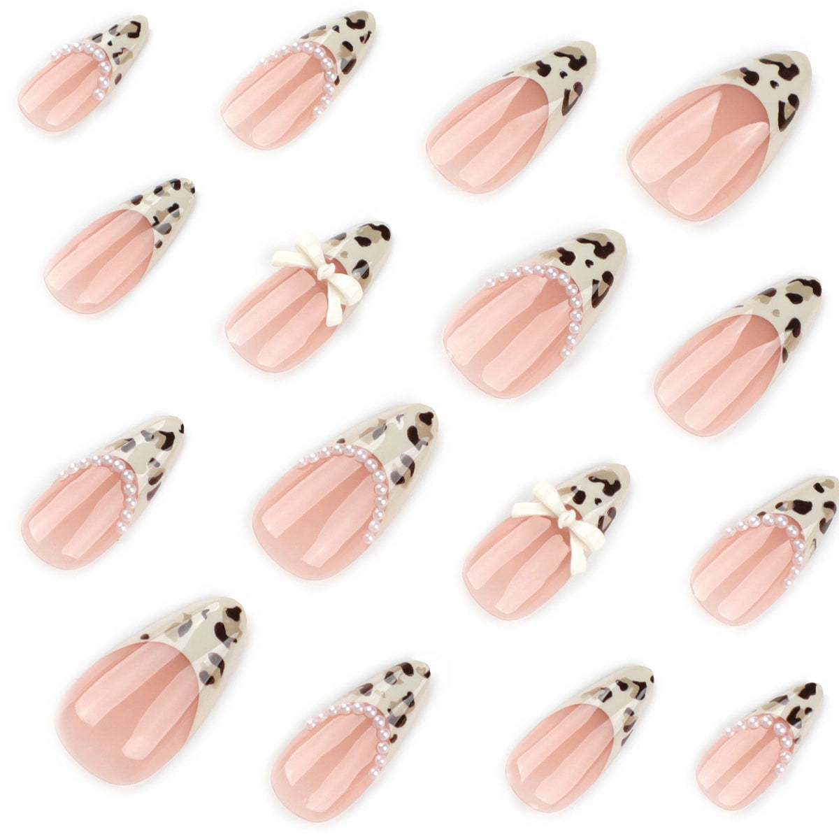 Pearl Bow Leopard French short almond press-on nails