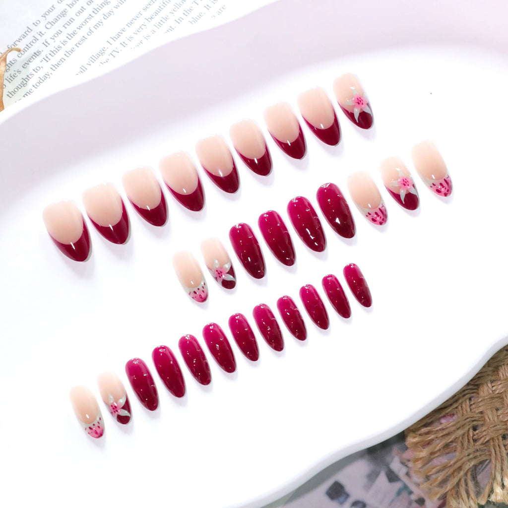 Burgundy Bloom French 3D short almond press-on nails