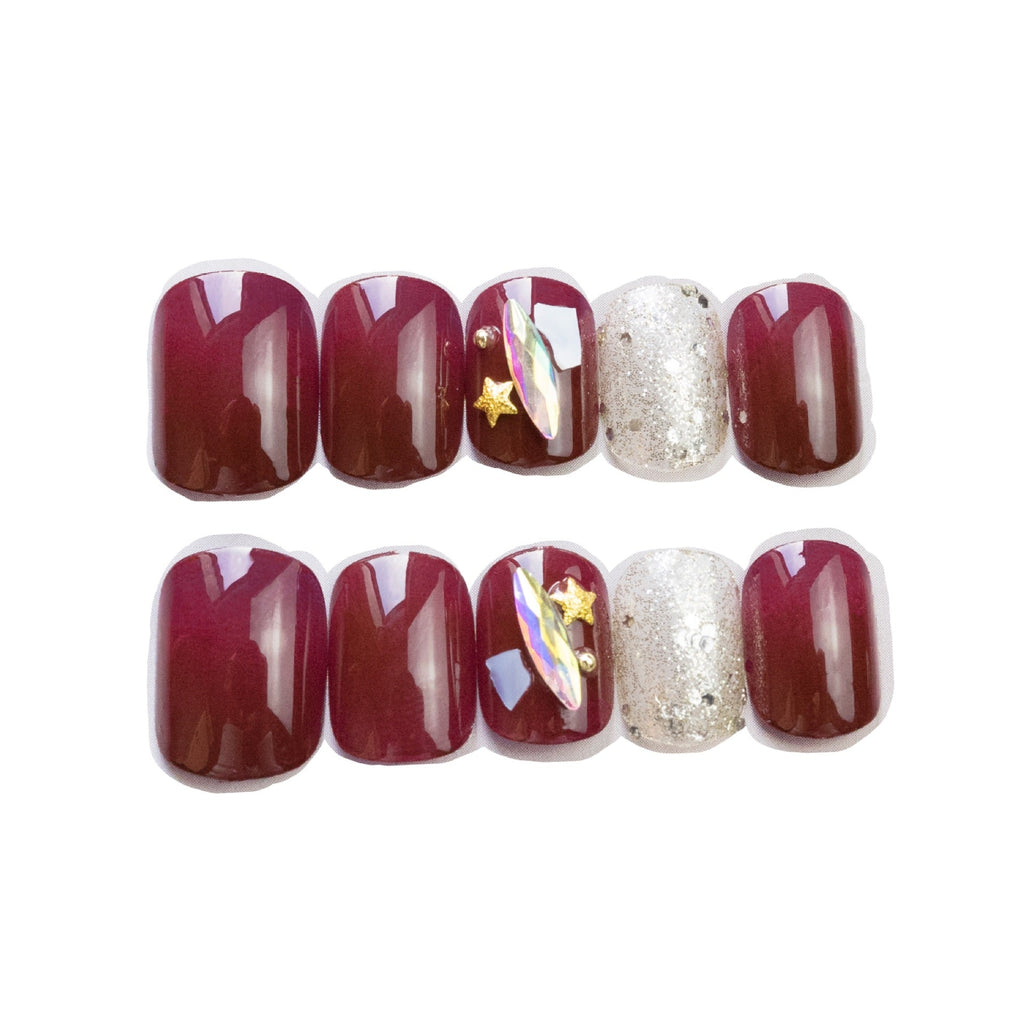 Burgundy Star Shell glossy celestial press-on nails