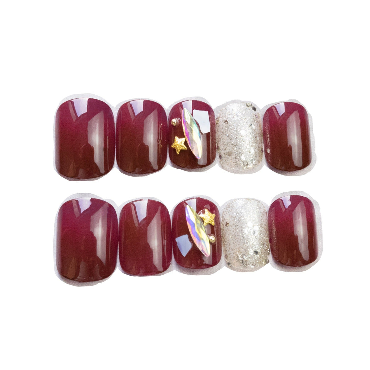 Burgundy Star Shell glossy celestial press-on nails