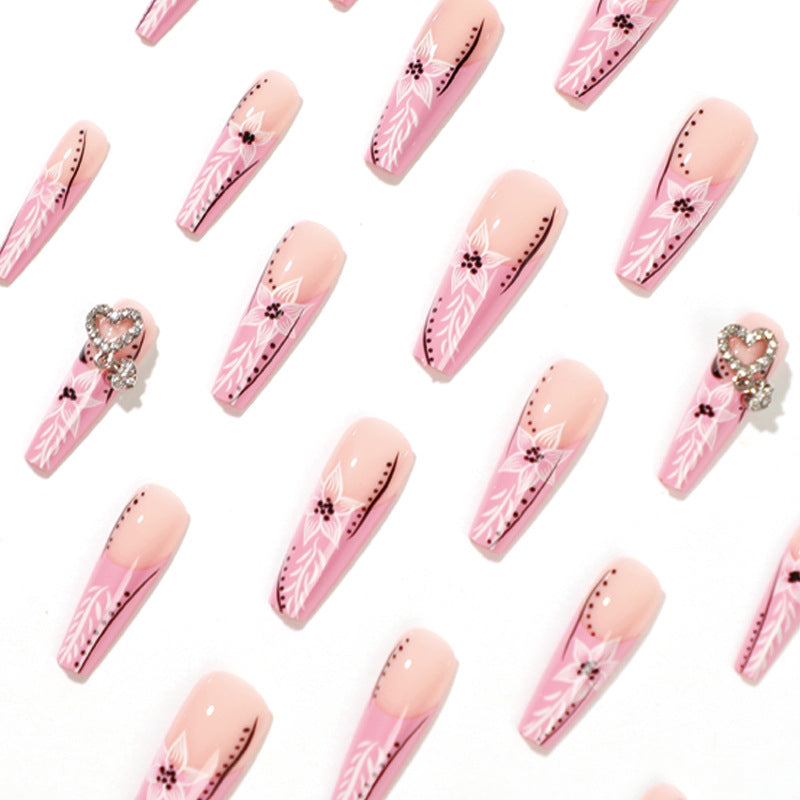 Pink Mosaic Heart rhinestone long press-on nails