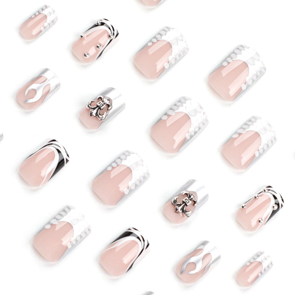 Silver Flame Nude square press-on nails