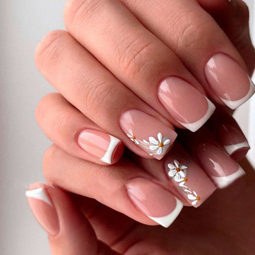 3D Daisy French short square press-on nails
