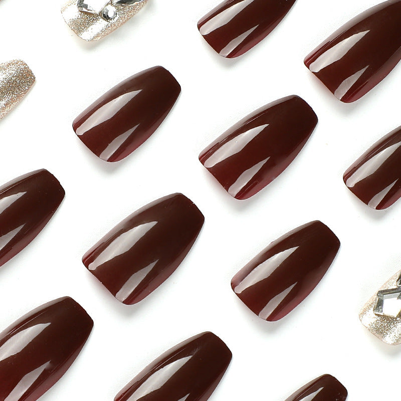 Burgundy Gold Sparkle rhinestone press-on nails