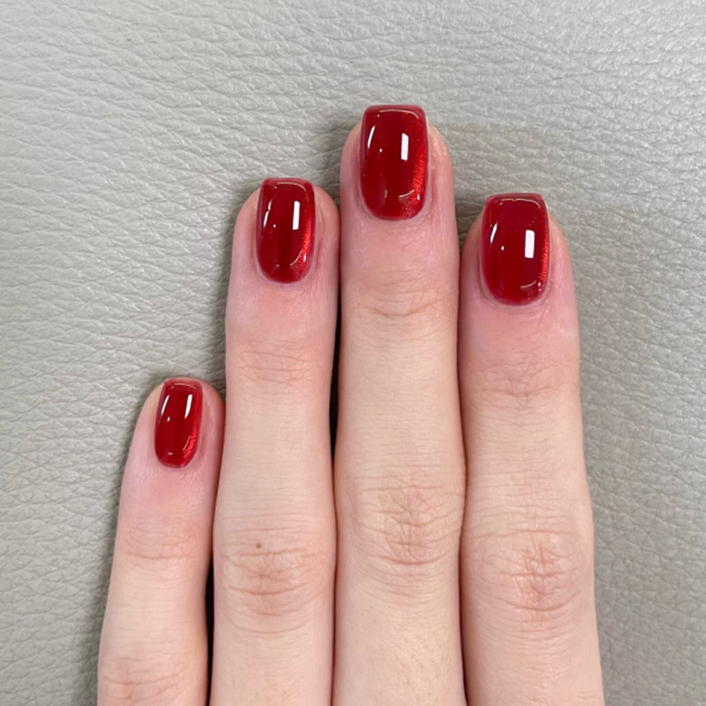 Burgundy Flash Cat Eye short square 30-piece press-on nail set