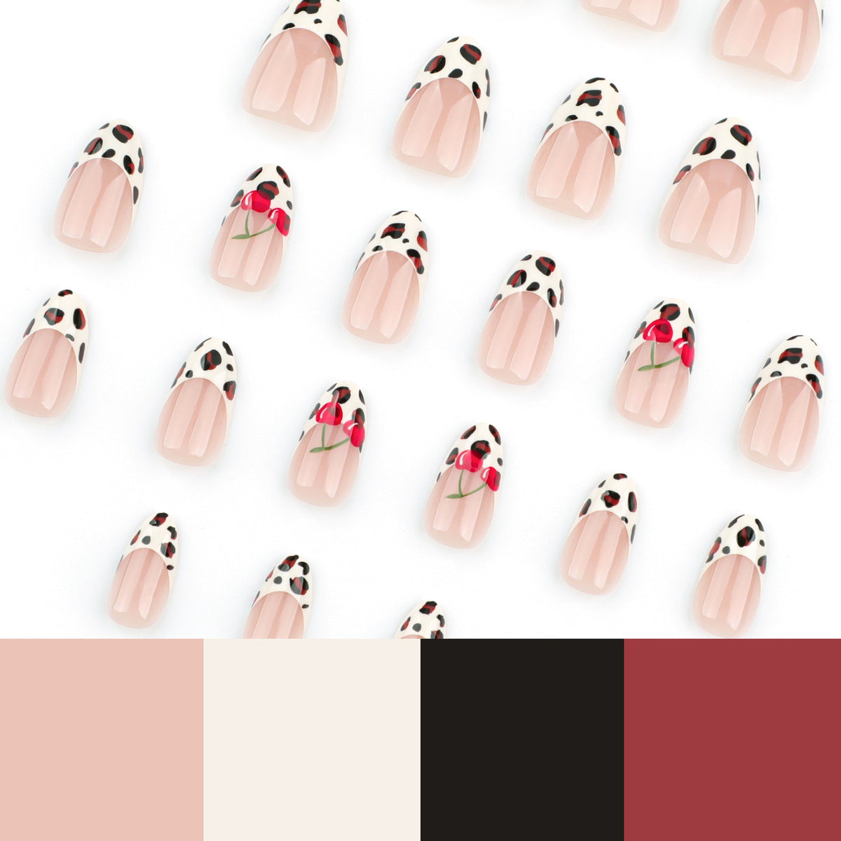 Cherry Leopard French long almond press-on nails