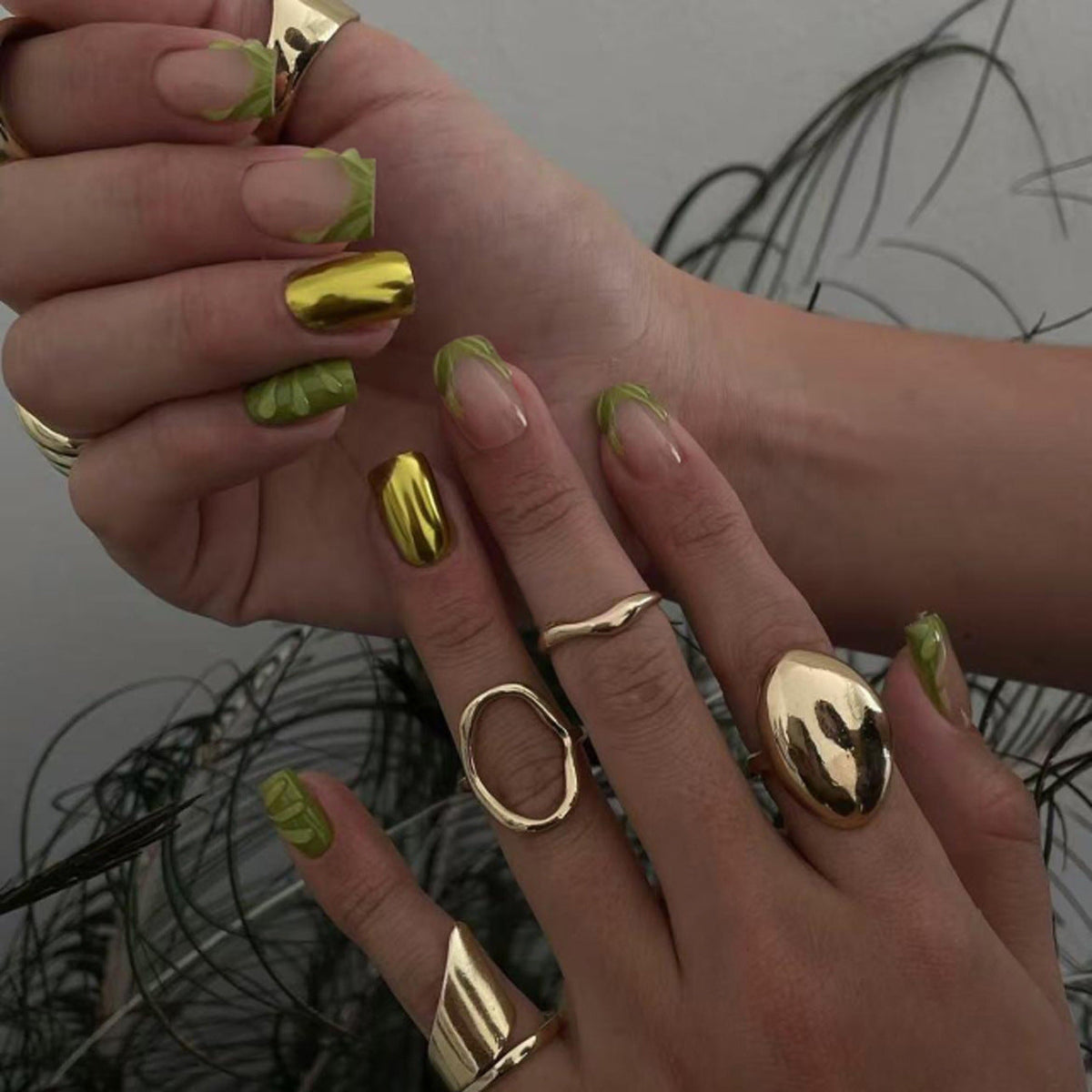 Green Gilded French 3D short square press-on nails