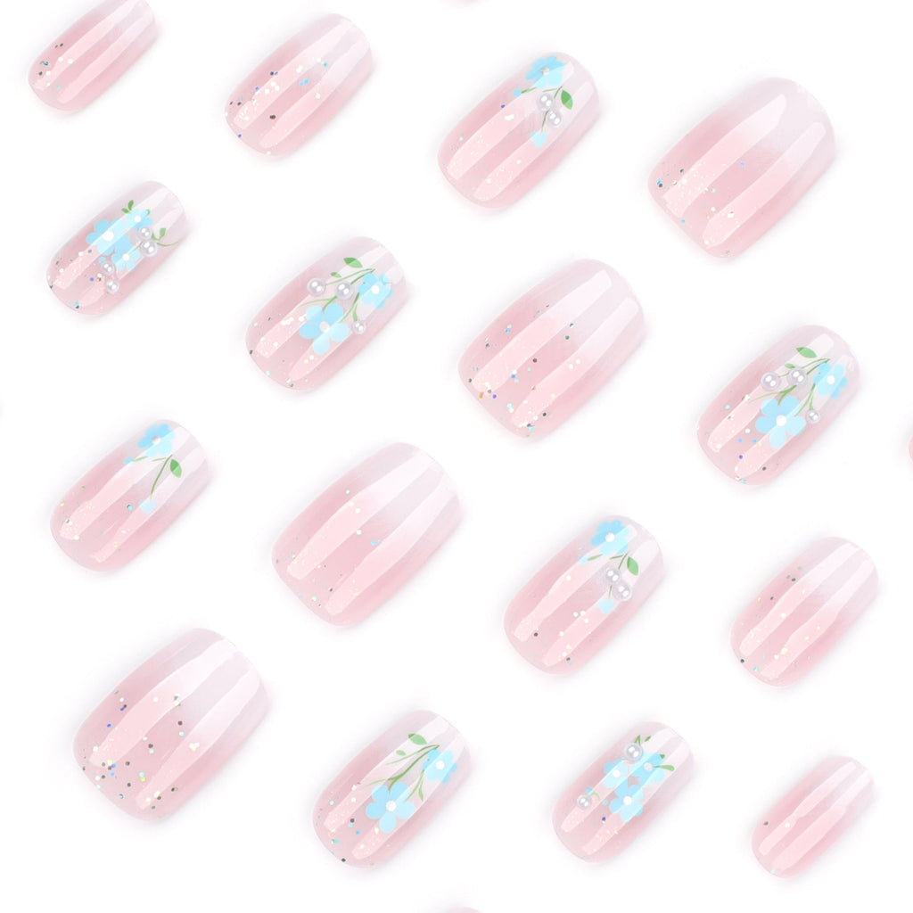 Blue Blossom Fade short square press-on nails