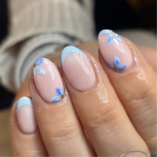 Blue Blossom French short oval press-on nails
