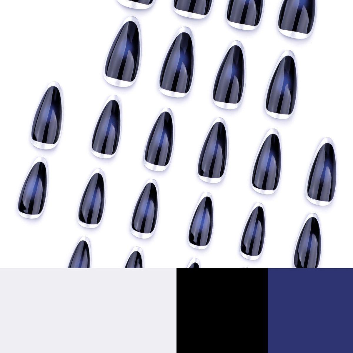 Midnight Silver French short almond press-on nails