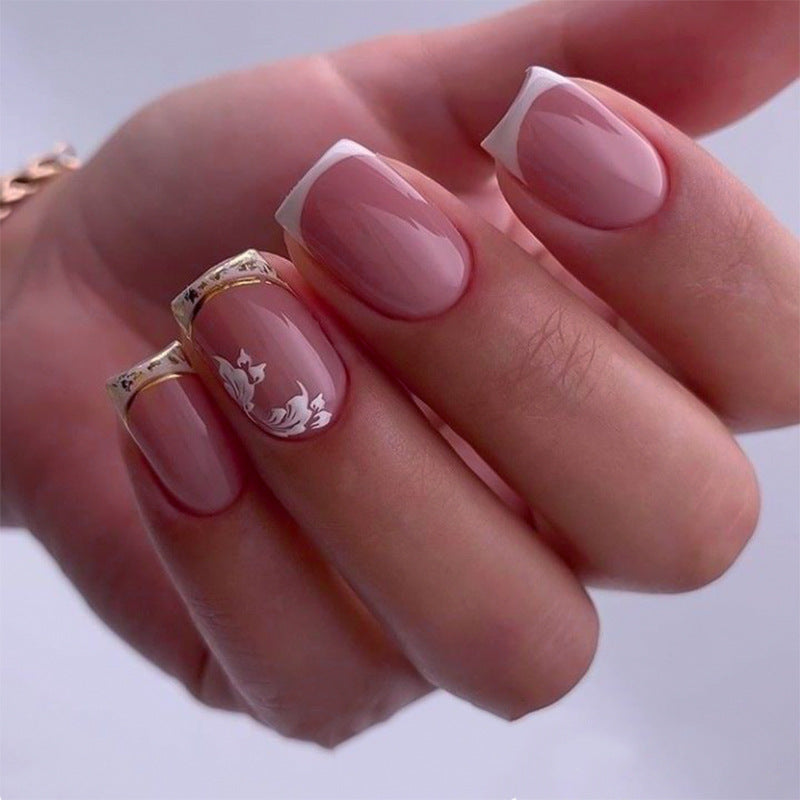 White Blossom short square floral press-on nails