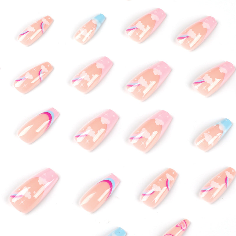 Rainbow Cloud French heart press-on nails