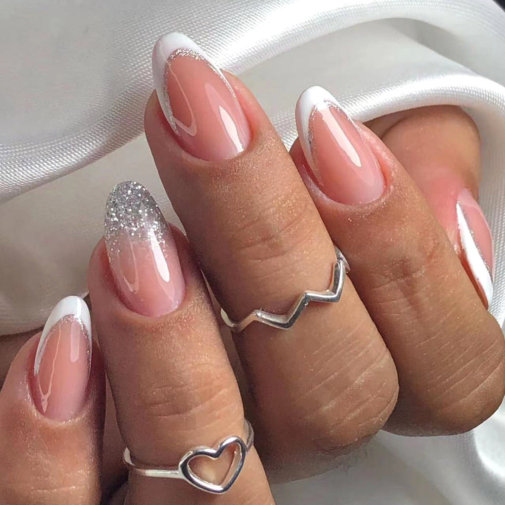 Silver Nude French short almond press-on nails