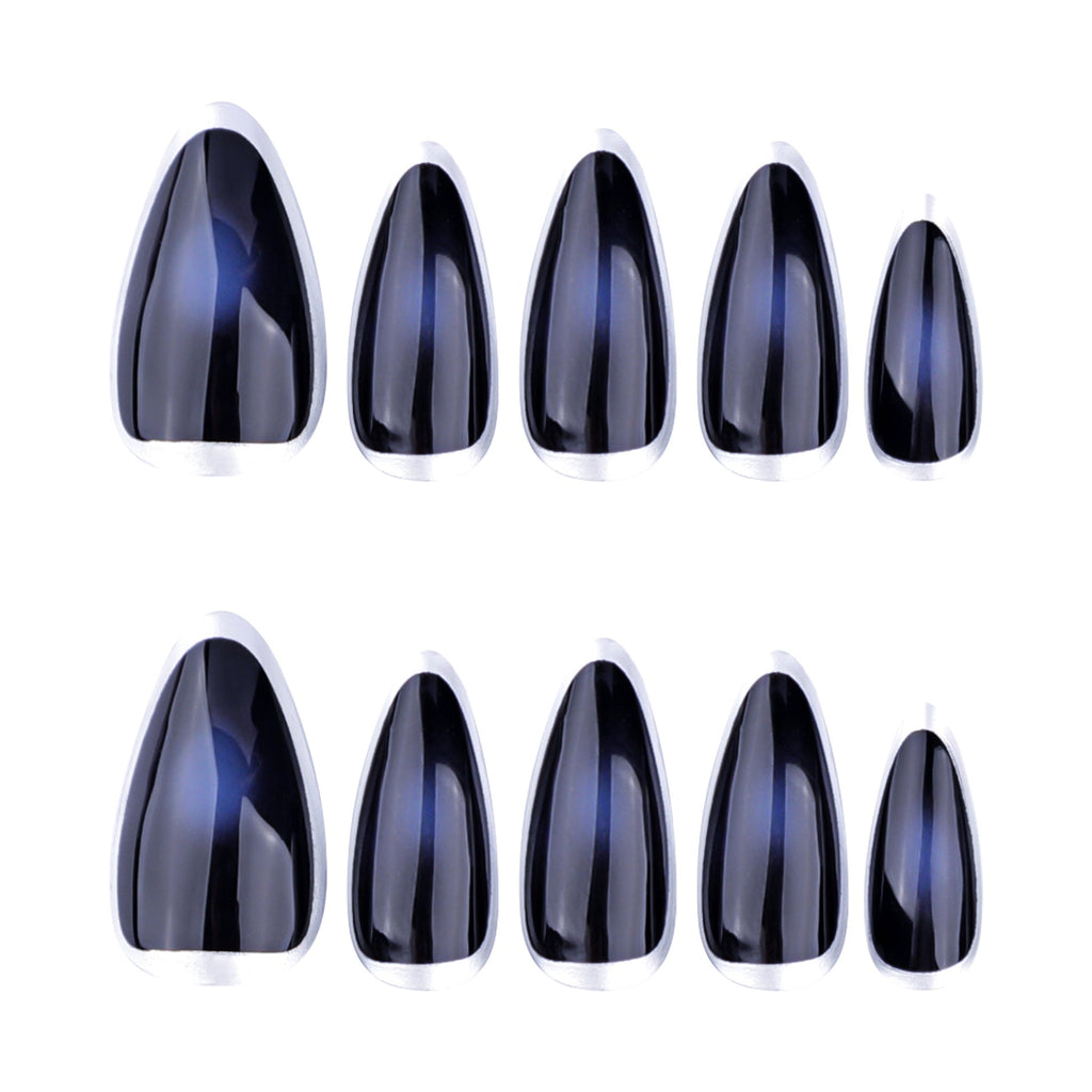 Midnight Silver French short almond press-on nails