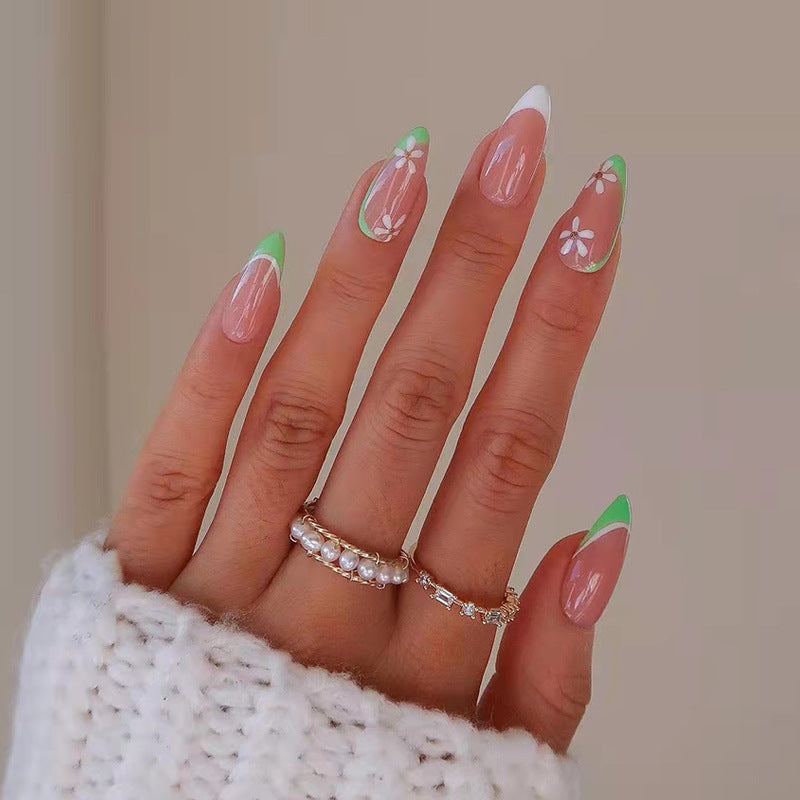 Green Blossom French extra short floral press-on nails