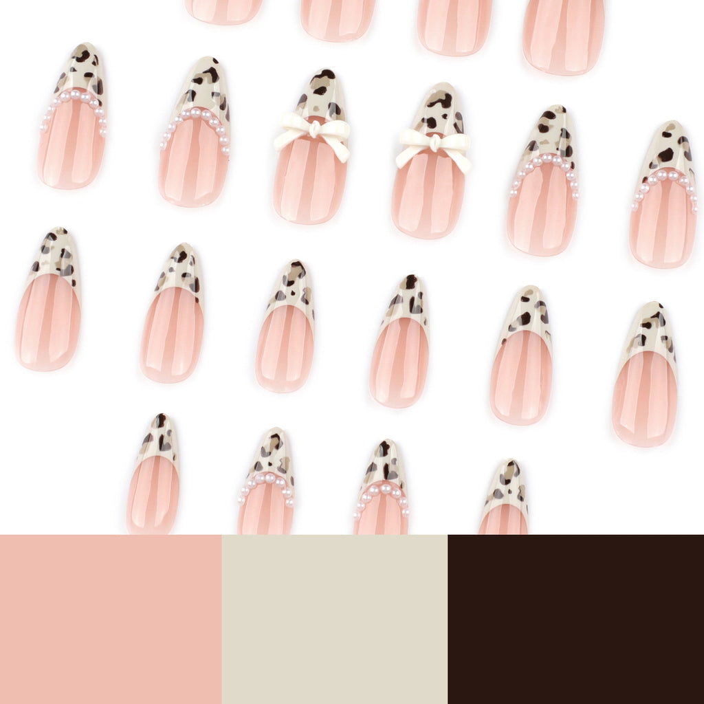 Pearl Bow Leopard French short almond press-on nails