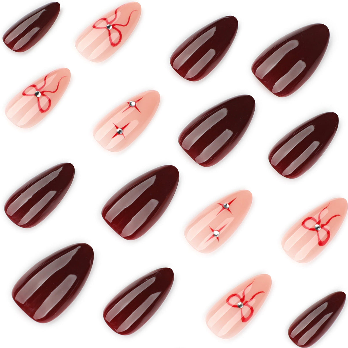 Burgundy Bow Oval press-on nails