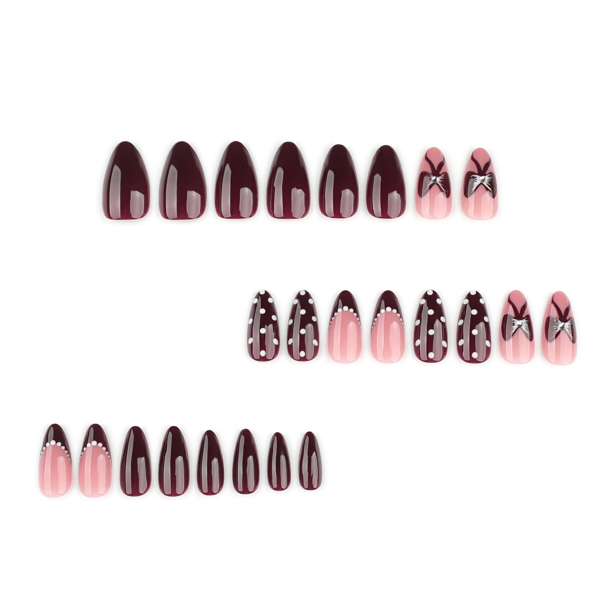 Burgundy Dot Bow glossy almond press-on nails