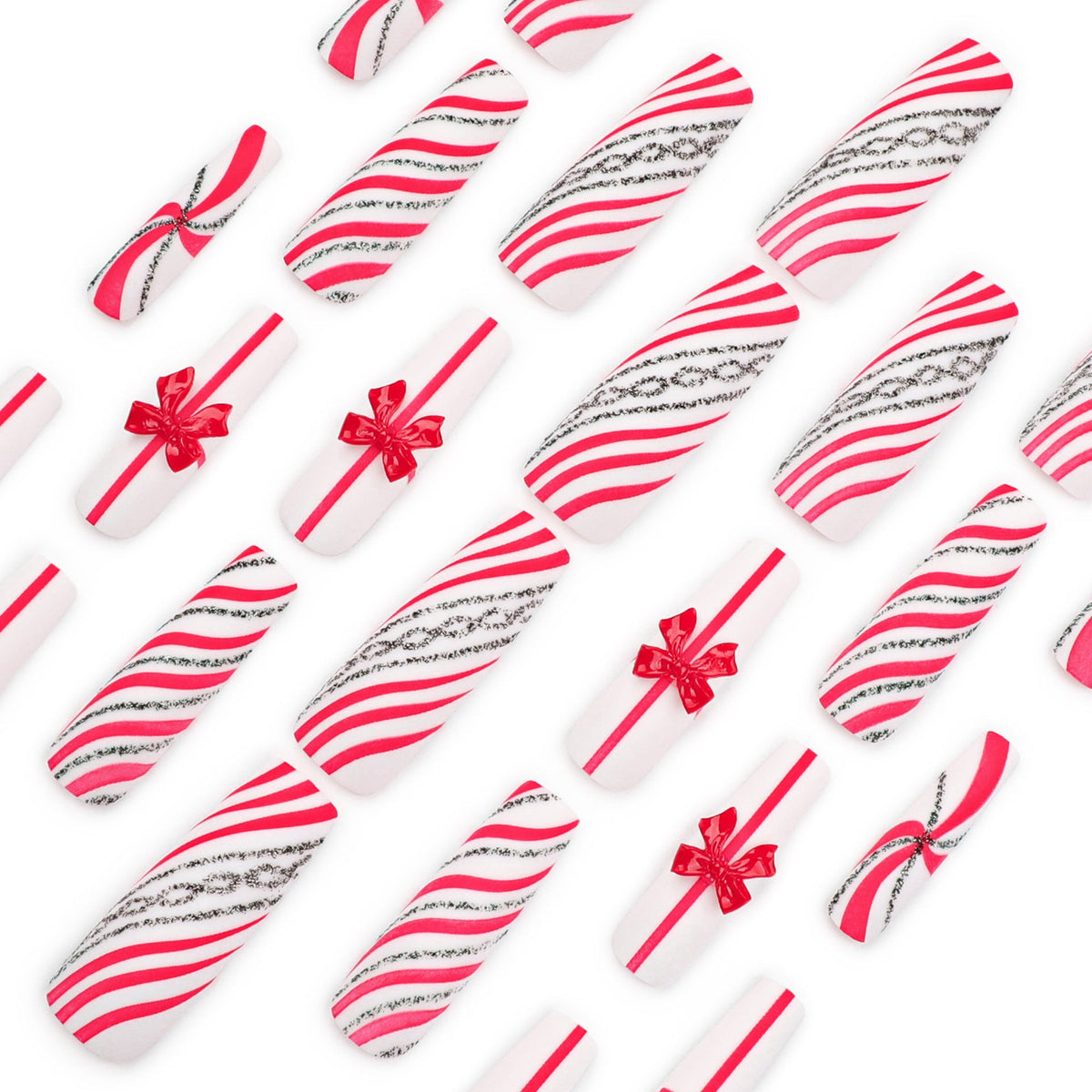 Candy Cane Bow extra long holiday press-on nails