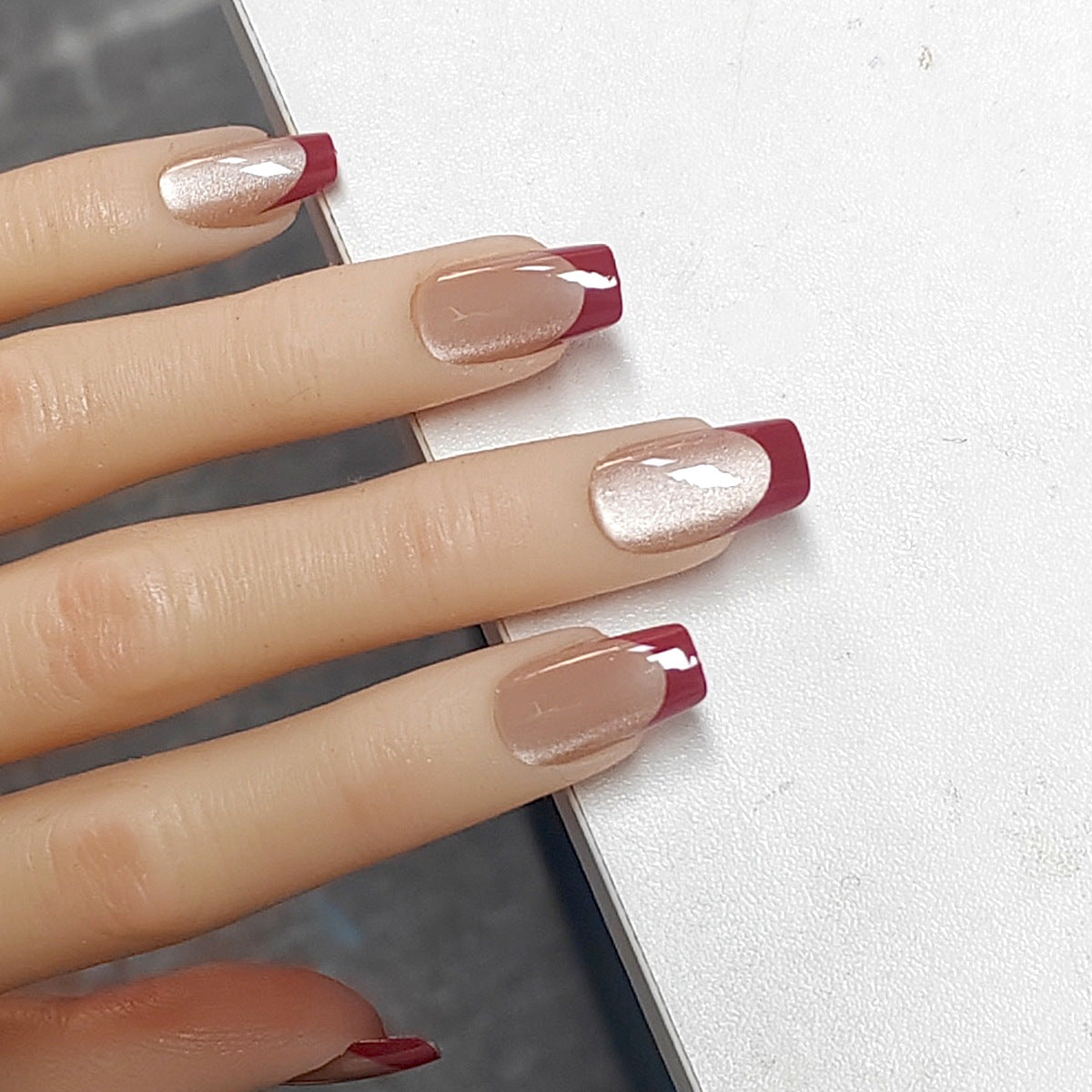 Ruby Cat Eye French medium almond 30-piece press-on nail set