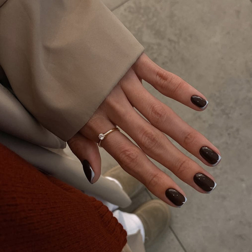 Mocha Blue French short square glossy press-on nails