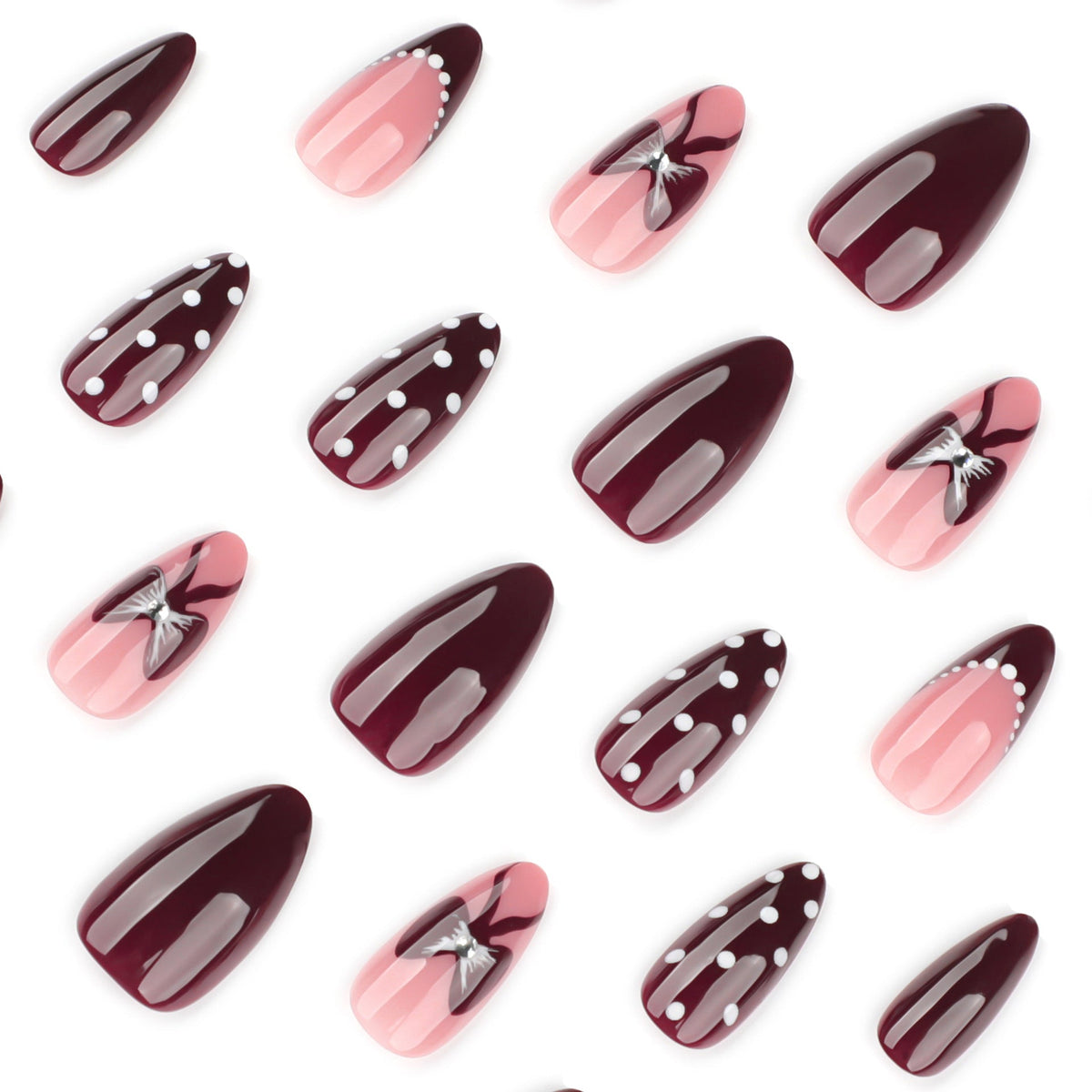 Burgundy Dot Bow glossy almond press-on nails