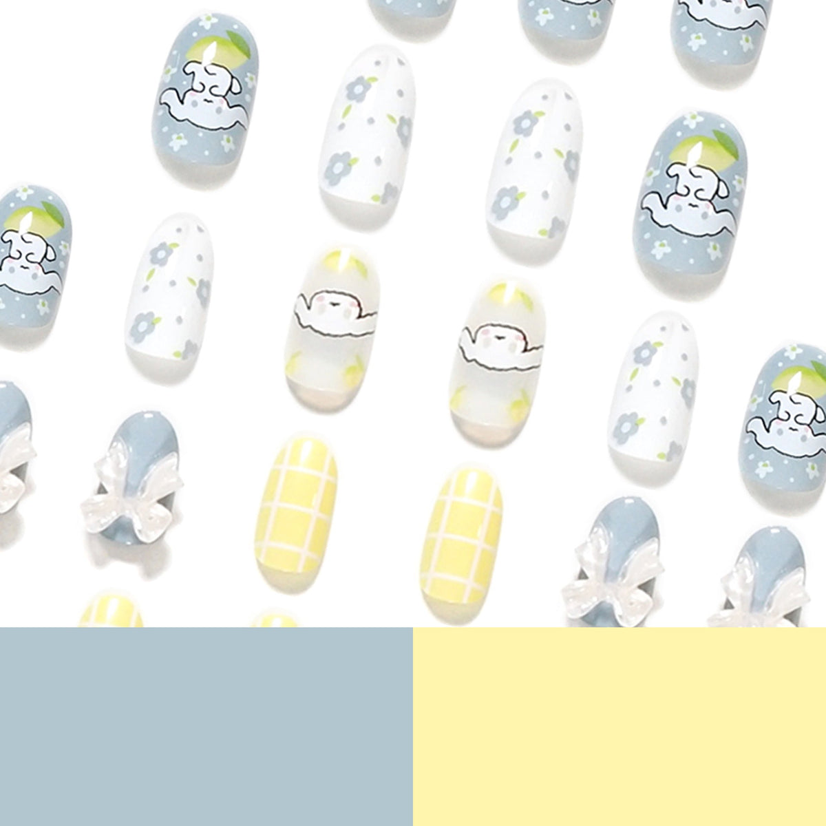 Lemon Bow Garden 3D floral oval press-on nails