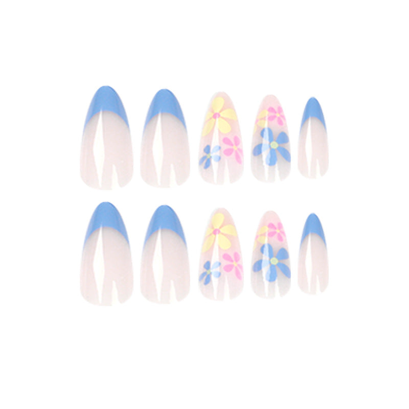 Blue Blossom French medium floral press-on nails