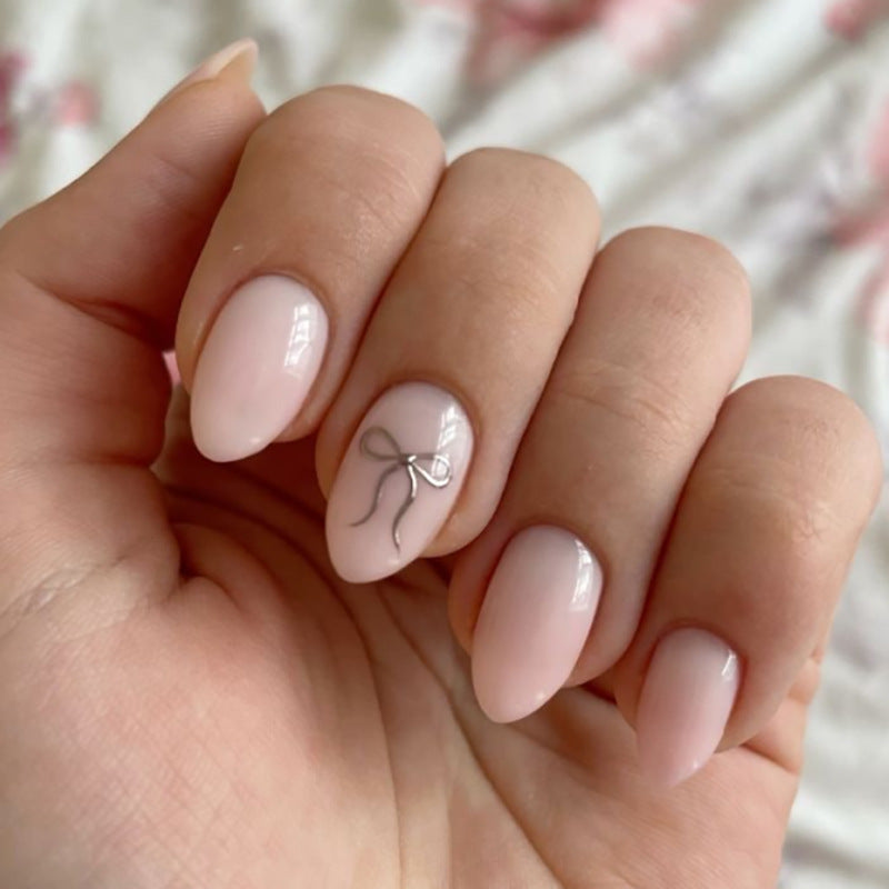 Silver Bow Almond short press-on nails