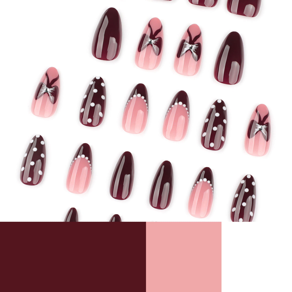Burgundy Dot Bow glossy almond press-on nails