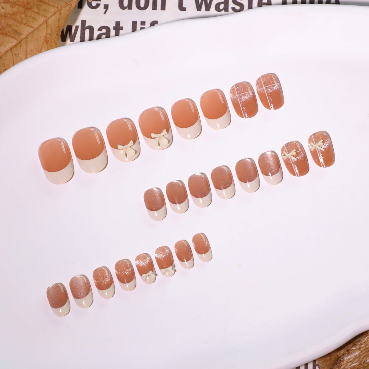 Beige Cat Eye French short oval press-on nails