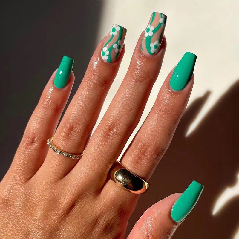 Green Garden Wave short floral press-on nails