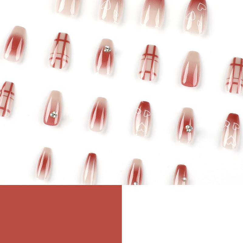 Ruby Plaid Heart rhinestone press-on nails