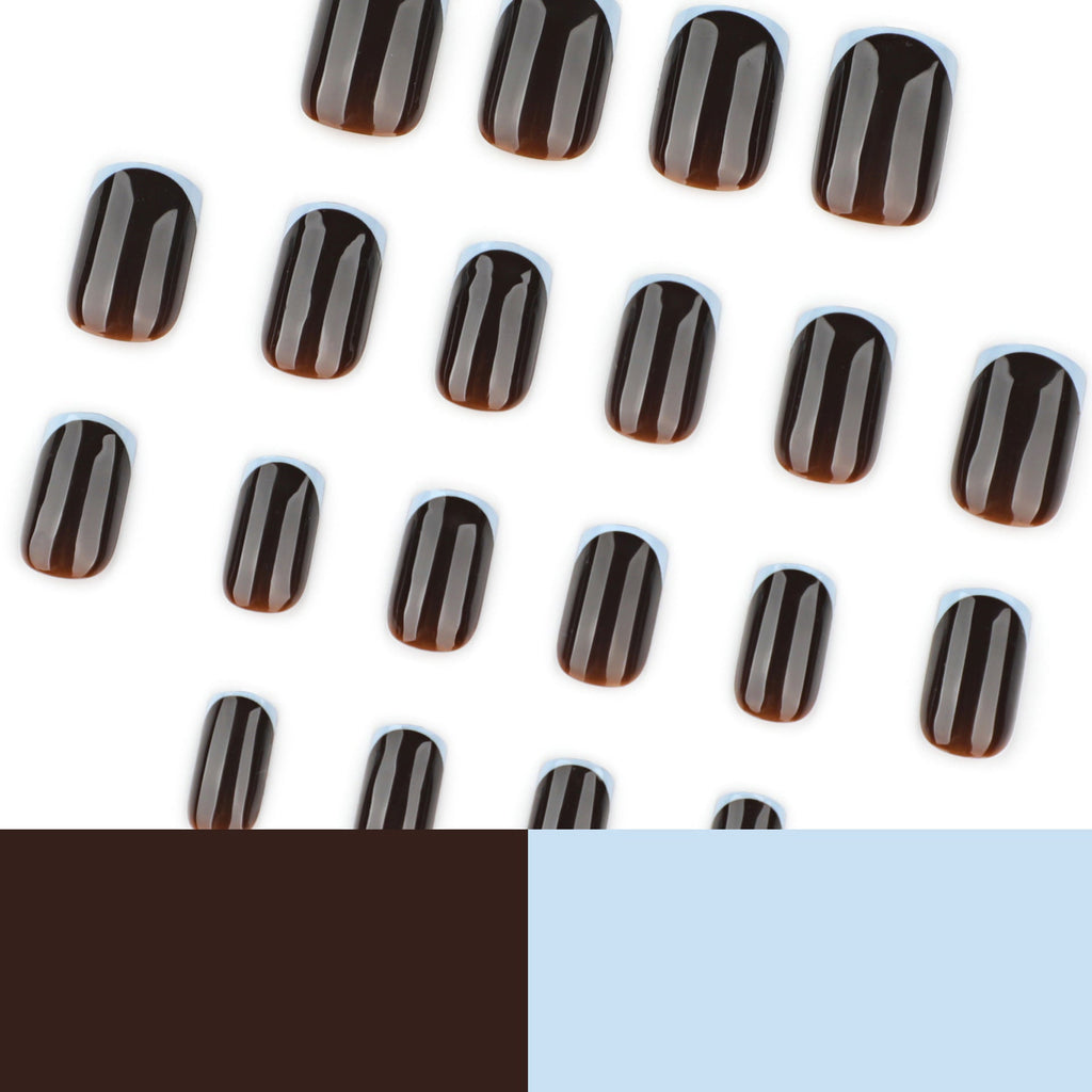 Mocha Blue French short square glossy press-on nails
