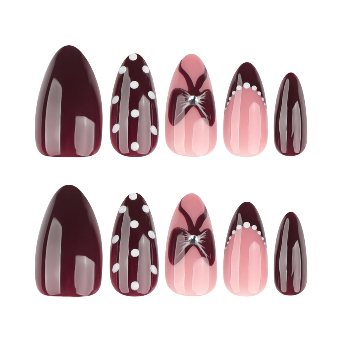 Burgundy Dot Bow glossy almond press-on nails