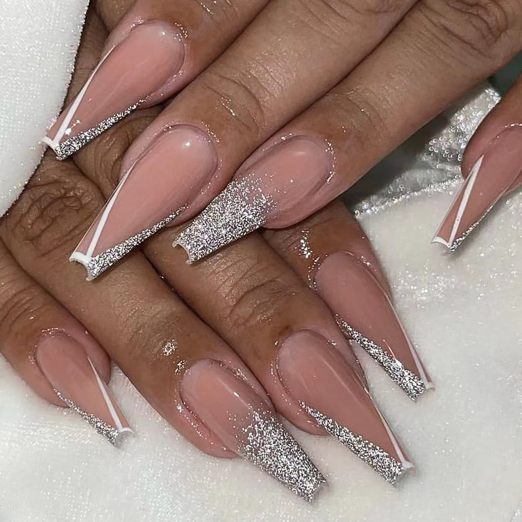 Silver French Ballet long press-on nails