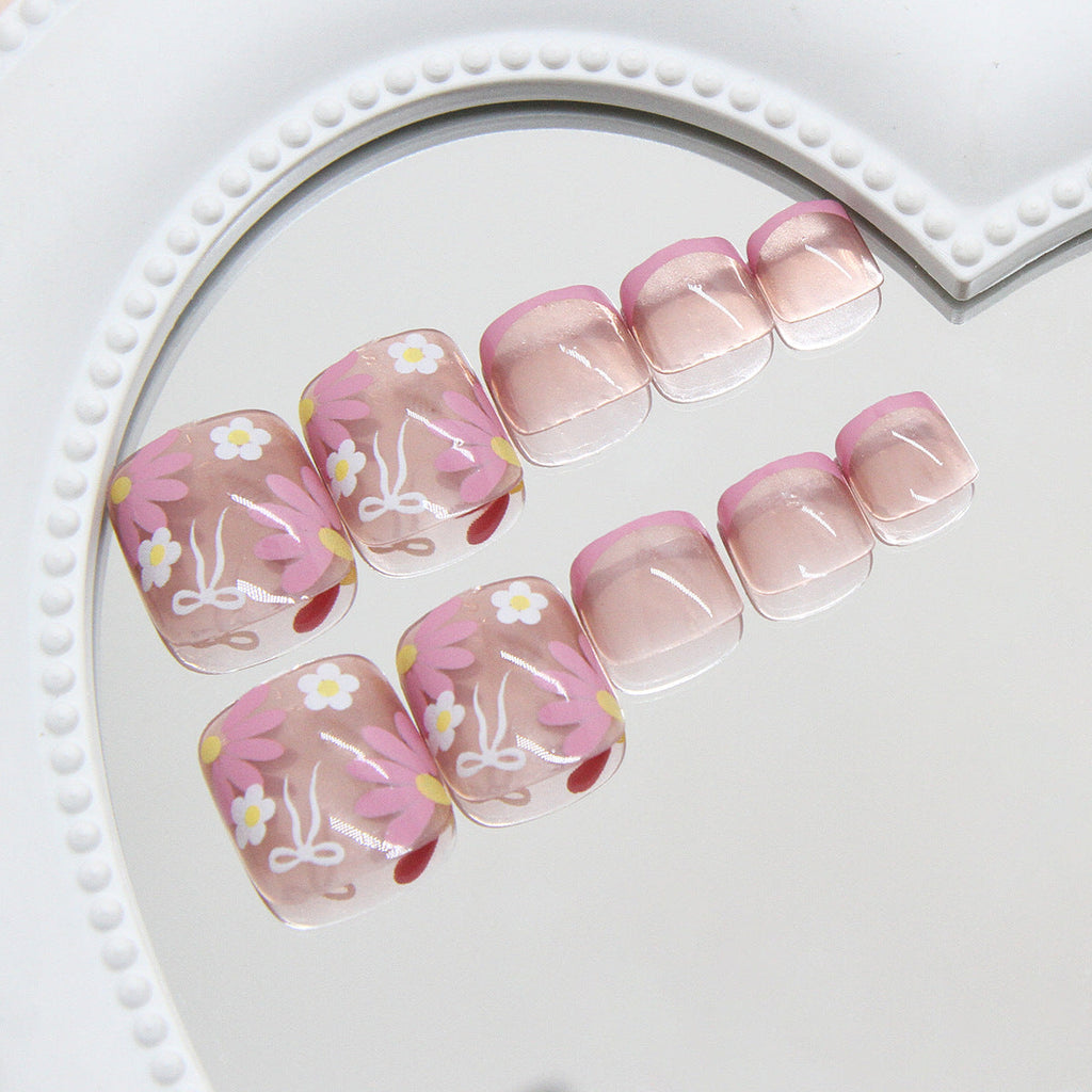 Lilac Daisy Bow French 24-piece press-on toenail set