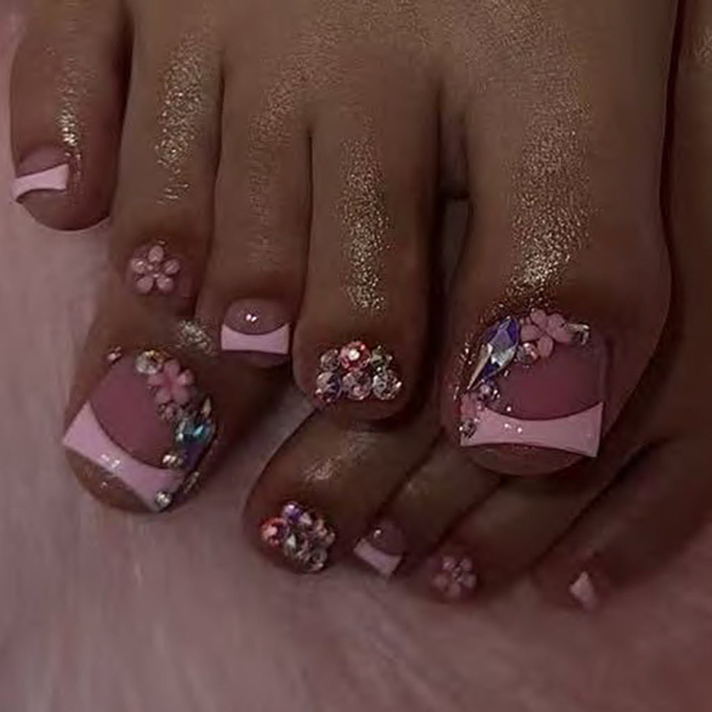 Blush French short square press-on toenails