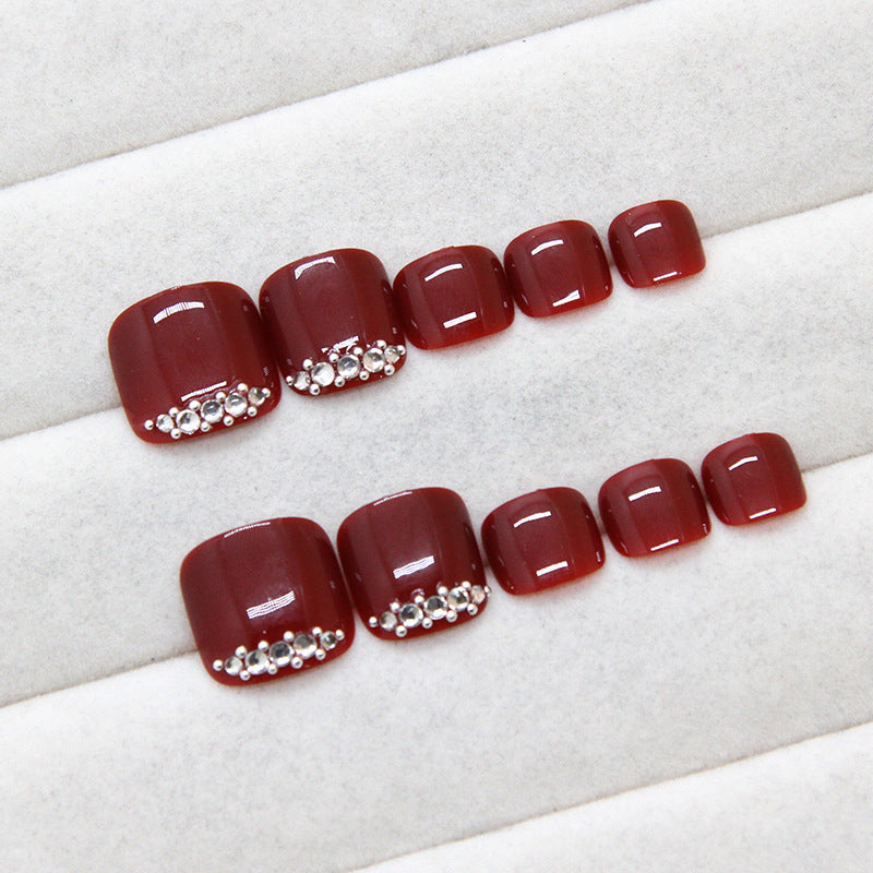 Burgundy Crystal 24-piece press-on toenail set