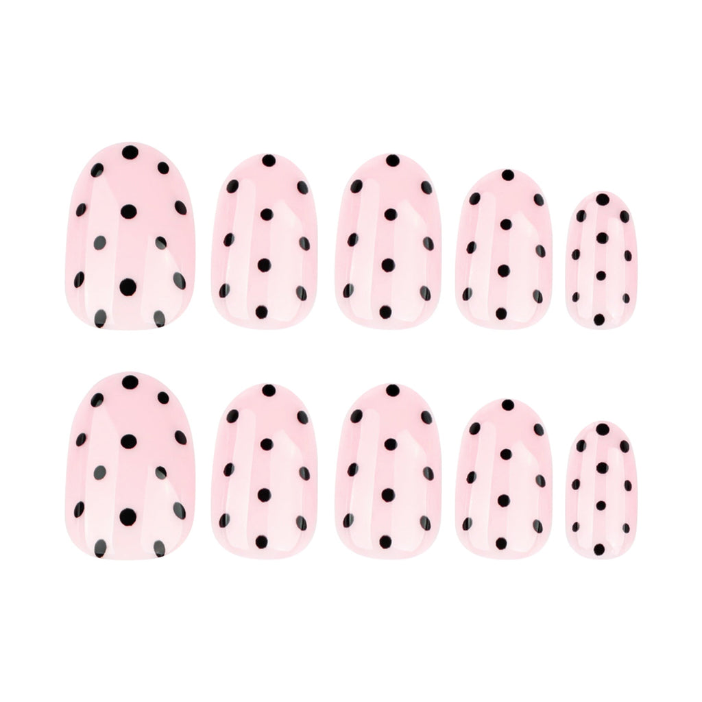 Black Dot Blush short round glossy press-on nails