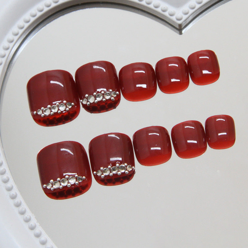 Burgundy Crystal 24-piece press-on toenail set