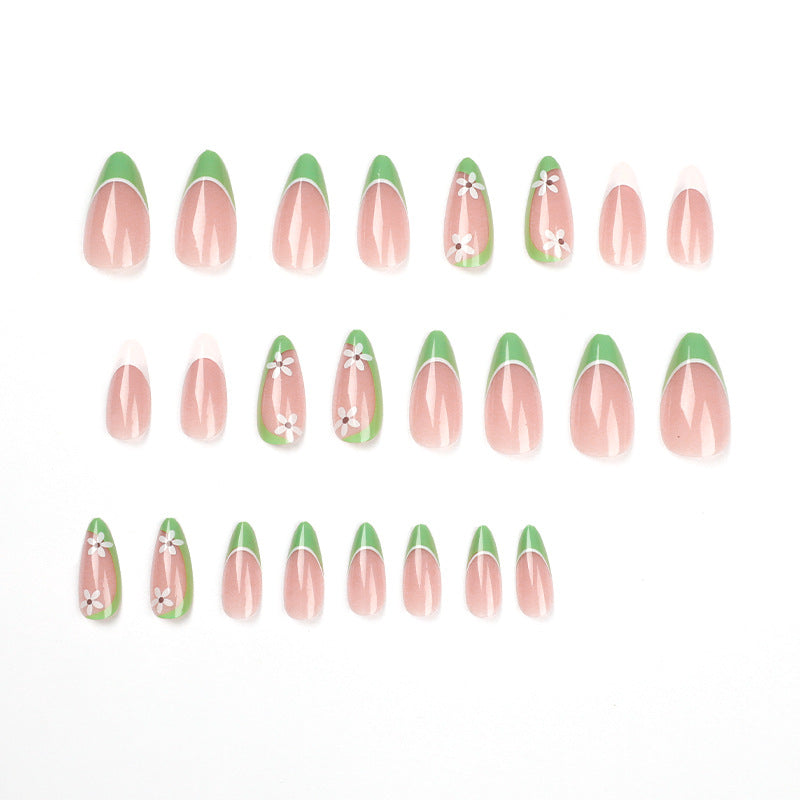 Green Blossom French extra short floral press-on nails