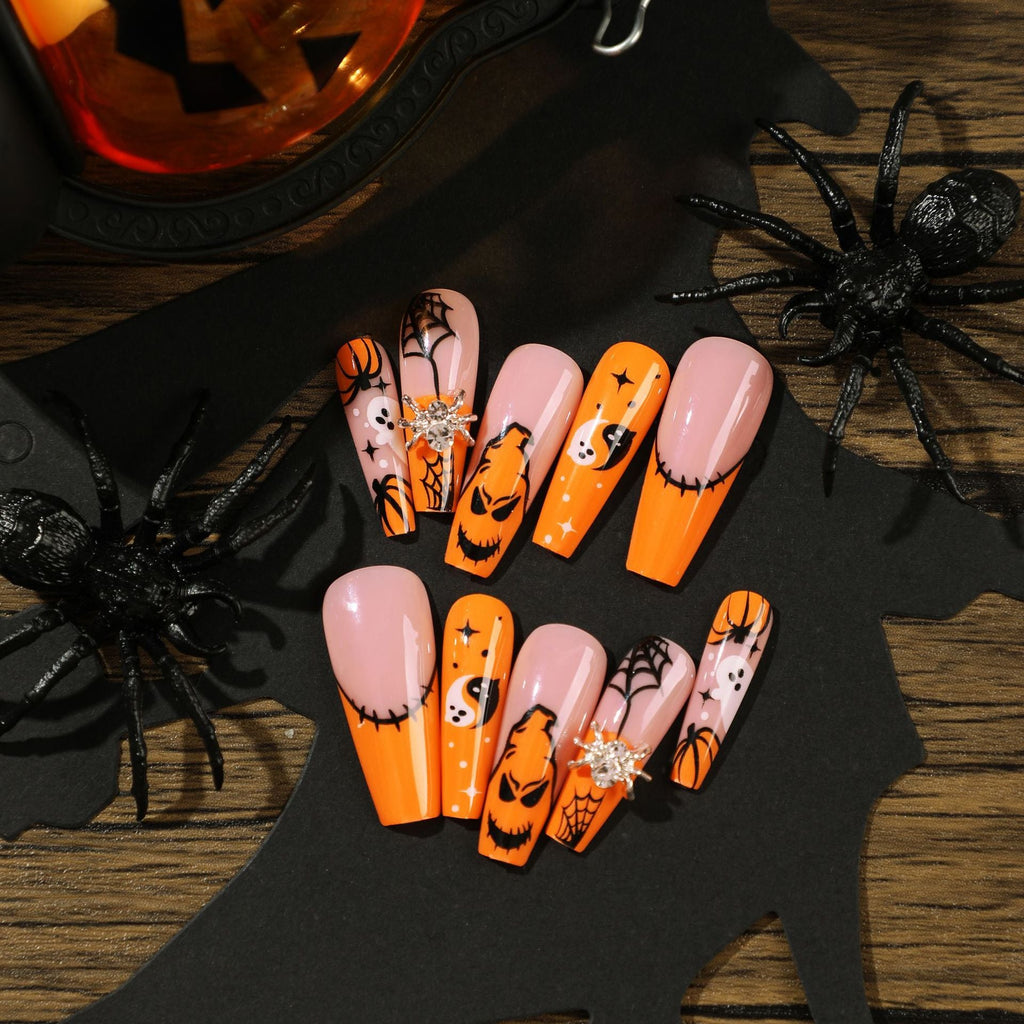 Ghost and Spider Halloween rhinestone press-on nails